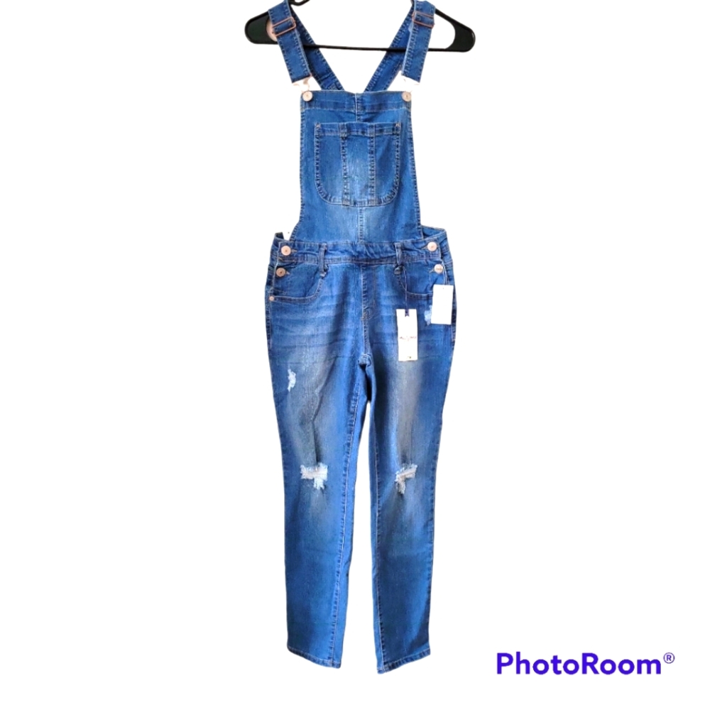 Juniors' WallFlower Stretch Destructed Overalls, S, Blue, NWT